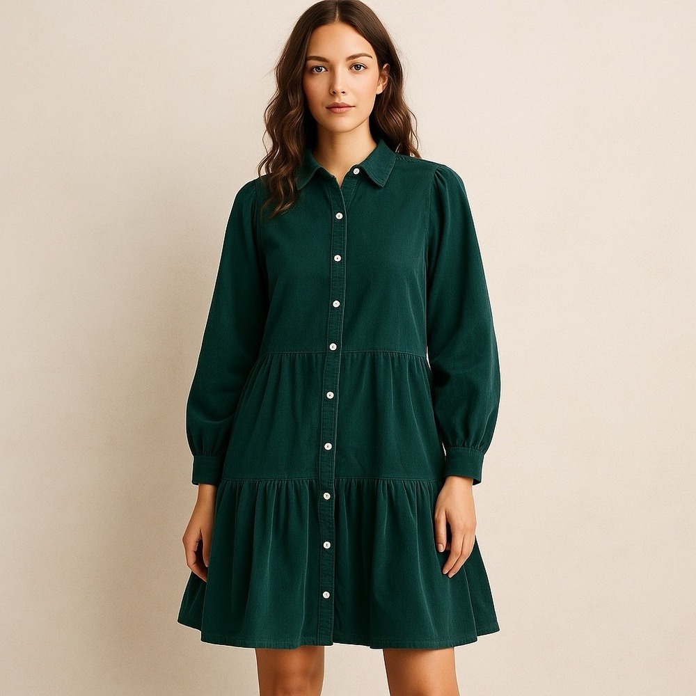 J.Crew Women's Corduroy Button Front Tiered Shirt Dress‎ Green Long Sleeve 14